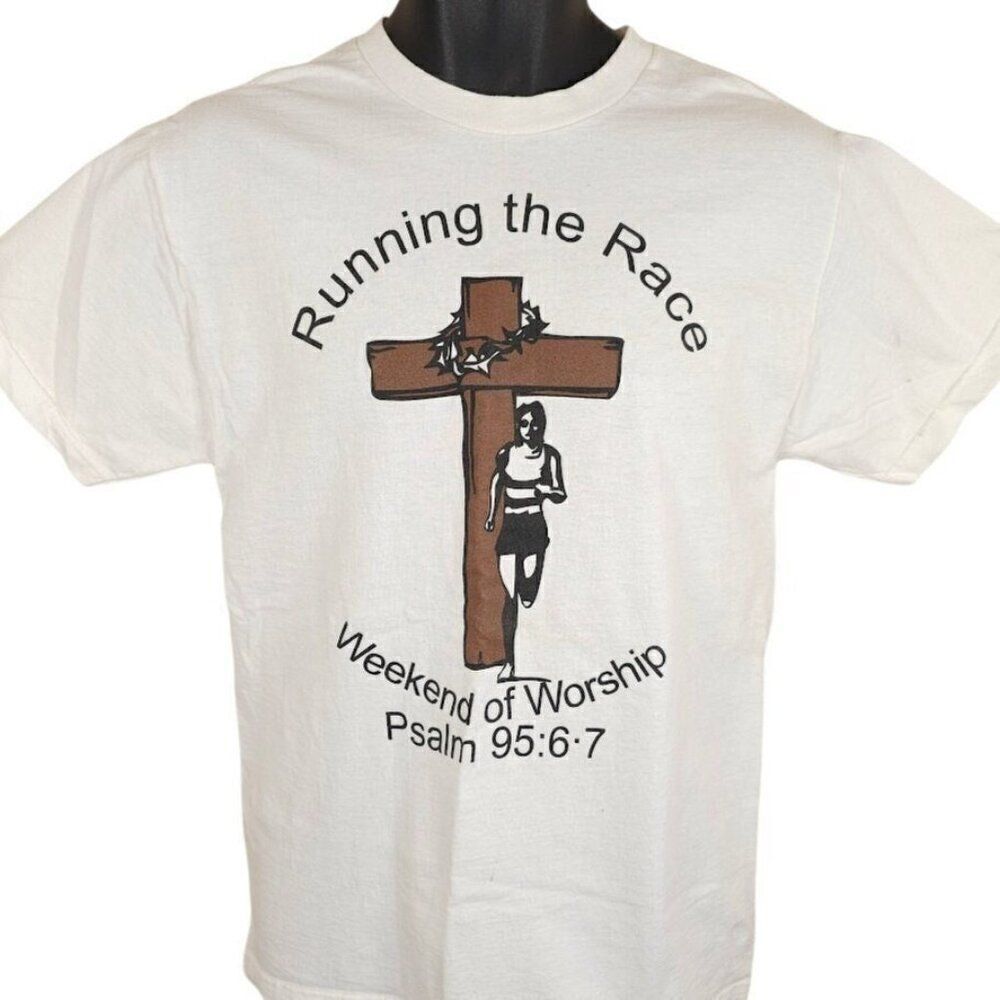 Vintage Christian T Shirt Mens Size Medium White Bible Verse Jesus Tee Running